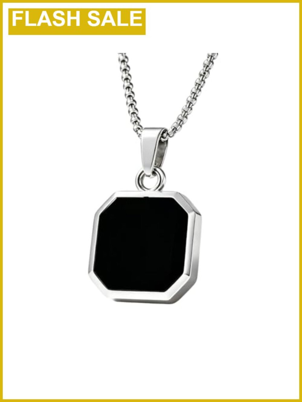 Men's Black Onyx Octagon Pendant Necklace, Silver-Tone Chain, Stainless Steel,